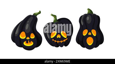 Evil black Halloween pumpkins objects flat color vector icon set. Traditional spooky autumn holiday decor illustration pack on white background Stock Vector