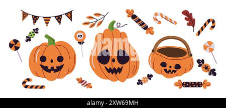 Funny pumpkins with Halloween decor items flat color vector icon set. Celebrating funny spooky holiday illustration pack on white background Stock Vector