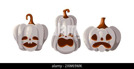 Pumpkins with scary carved faces objects flat color vector icon set. Halloween holiday celebration with jack o lanterns illustrations on white Stock Vector
