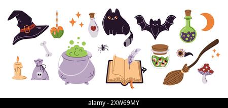 Funny witchcraft Halloween decor objects flat color vector icon set. Spooky magic supplies. Children holiday illustration pack on white Stock Vector
