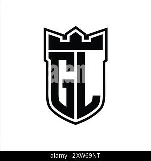 GL Letter logo with shield shape inside shield badge crown on black ...