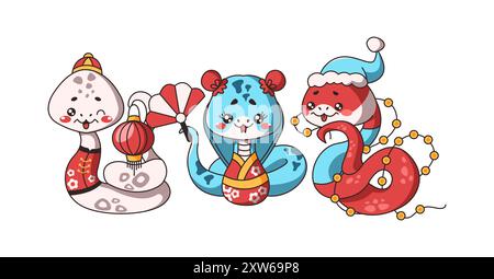 Cute Kawaii snakes with new year celebration items flat color vector illustration set. Oriental zodiac animals mascots of 2025 icons on white collecti Stock Vector