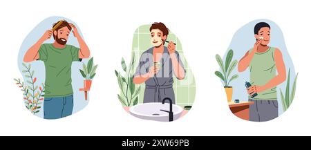 Positive guys undergoing everyday beauty procedures flat color vector icon set. Diverse men taking care of themselves illustration pack on white Stock Vector