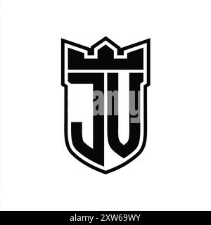 JV Letter logo with shield shape with geometric crown inside black outline on white background template design Stock Photo