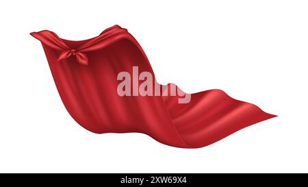 Vintage hero cloak with flying edge realistic vector illustration. Performing superpower. Red cape flattering in wind 3d object on white background Stock Vector