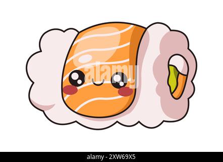 Happy Kawaii face on sushi roll salmon flat color vector illustration. Japanese culinary traditions. Healthy seafood character on white background Stock Vector