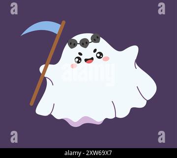 Child ghost with scythe in hands scares flat color vector illustration. Halloween postcard. Cute spirit with sheet concept icon on purple background Stock Vector