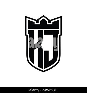 KJ Letter logo with shield shape with geometric crown inside black outline on white background template design Stock Photo