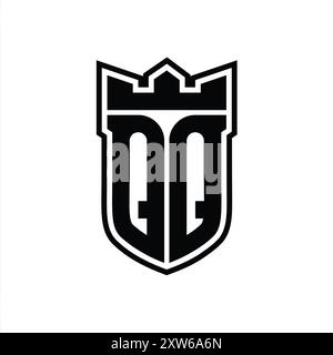 QQ Letter logo with shield shape with geometric crown inside black outline on white background template design Stock Photo