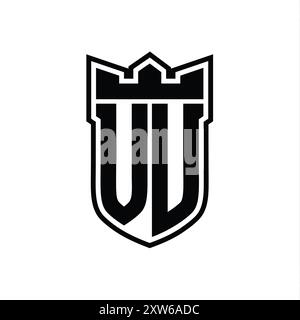 VU Letter logo with shield shape with geometric crown inside black outline on white background template design Stock Photo