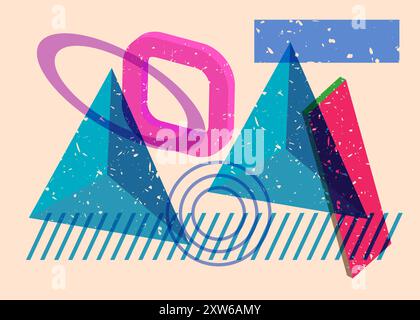 Geometric shapes. Object in trendy riso graph design. Geometry elements abstract risograph print texture style. Stock Vector