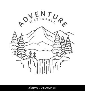 A simple line drawing logo depicting a waterfall in a mountain landscape with a forest in the foreground. Stock Vector