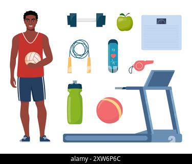 Black Man dressed in sports clothes. Gym sport fitness exercise workout equipment set icons. Treadmill, dumbbells, fitness bracelet, ball, sneakers, j Stock Vector