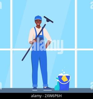 Black woman in blue and yellow uniform cleaning window with glass scraper and washing spray. Housekeeping service, office cleaning service, spring cle Stock Vector