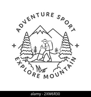 Black and white line art illustration of a person hiking through a mountain landscape. Stock Vector