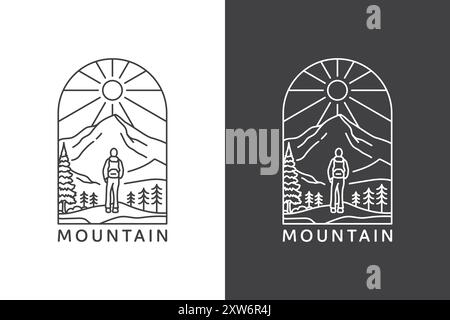A minimalist line art illustration depicting a hiker standing in front of a mountain with the sun in the background. Stock Vector