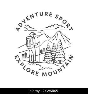 A line art illustration of a hiker standing in front of a mountain, surrounded by trees, with the words "adventure sport explore mountain" surrounding Stock Vector