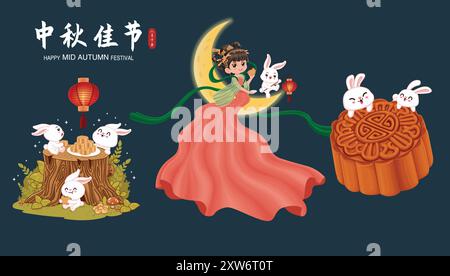 Vintage Mid Autumn Festival poster design Chinese Goddess of Moon, rabbit character. Translation: Mid Autumn Festival, Fifteen of August. Stock Vector