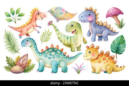 cute funny watercolor dinosaur set on a white background, vintage type vector illustration Stock Vector