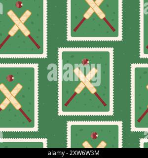 Cricket patchwork seamless pattern. Bento box repeat background. Cricket bats and ball retro post stamps endless design. Vector hand drawn flat illust Stock Vector