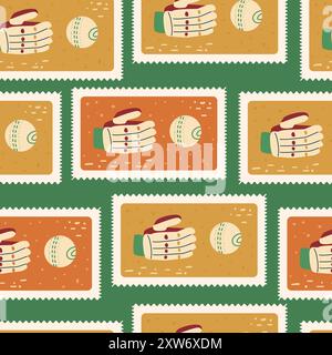 Cricket patchwork seamless pattern. Bento box repeat background. Sport equipment retro post stamps endless design. Vector hand drawn flat illustration Stock Vector