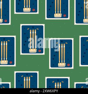 Cricket patchwork seamless pattern. Bento box wicket bails repeat background. Sport retro post stamps endless surface design. Vector hand drawn flat i Stock Vector