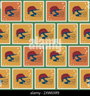 Cricket helmet patchwork seamless pattern. Bento box repeat background. Sport retro post stamps endless surface design. Vector hand drawn flat illustr Stock Vector