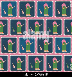 Stylized young male character with wine bottles quilted seamless pattern. Bento box wine lover repeat background. Patchwork retro post stamps endless Stock Vector