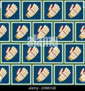 Cricket gloves patchwork seamless pattern. Sport equipment repeat background. Team game retro post stamps endless design. Vector hand drawn flat illus Stock Vector