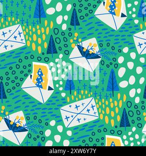 Colorful holiday-themed pattern with envelopes, Christmas trees, and abstract shapes in blue, green, and yellow tones, creating a playful design. Vector hand drawn seamless pattern. Stock Vector