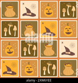 Halloween checked seamless pattern. Bento box All Hallows' Eve repeat background. Wizard cauldron, pumpkin and witch hat retro stamps endless surface design. Vector hand drawn flat illustration. Stock Vector