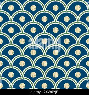 Cricket ball scallop seamless pattern. Sport continuous surface design. Vector hand drawn flat illustration. Stock Vector