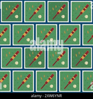 Cricket patchwork seamless pattern. Bento box Bats, balls and bails repeat background. Square retro post stamps endless surface design. Vector hand drawn flat illustration. Stock Vector