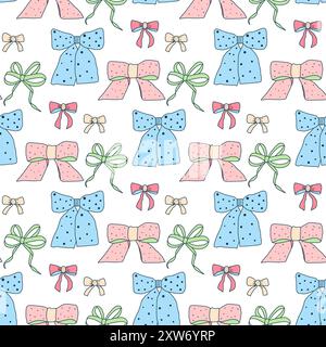 Bow seamless pattern. Silk band endless background. Bowknot continuous ornament. Vector hand drawn scribble illustration. Stock Vector