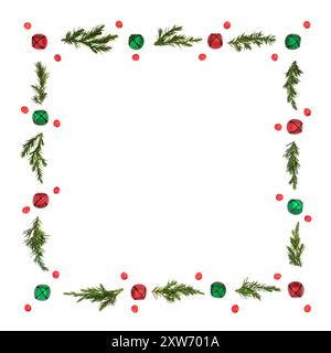 Christmas holly berry, juniper fir and bell bauble background border. Minimal red and green decorative festive frame for greeting card, invitation Stock Photo