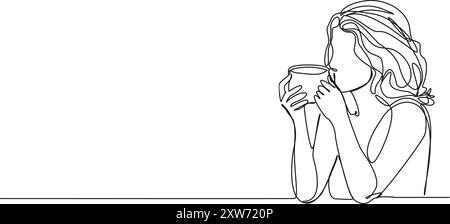 continuous single line drawing of woman drinking from coffee mug, line art vector illustration Stock Vector