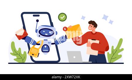 Mail service mobile application with AI assistant, notification of new messages. Cute robot postman from smartphone screen giving envelope with letter to tiny customer cartoon vector illustration Stock Vector