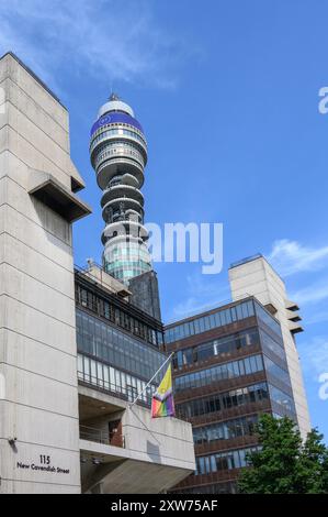 London, UK. BT Tower (1964 - formerly the Post Office Tower) in Fitzrovia, seen from the University of Westminster campus in New Cavendish Street Stock Photo