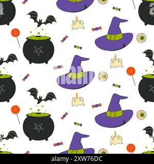 A seamless retro Halloween pattern for fabric, wrapping paper, backgrounds, duct tape. Vector illustration Stock Vector
