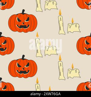 Seamless pattern retro Halloween pumpkin and candles on beige background for fabric, wrapping paper. Vector illustration Stock Vector