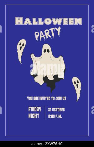 Retro Halloween Party Invitation. Blue background with ghost. Vector illustration Stock Vector