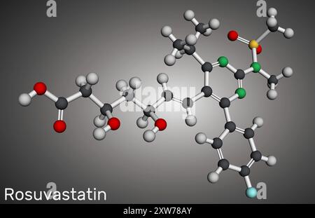 Rosuvastatin molecule. Statin, lipid-lowering drug. Molecular model. 3D rendering. Illustration Stock Photo