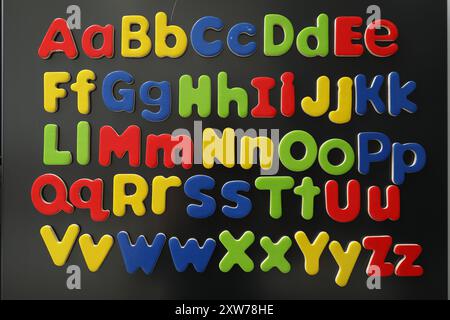 Alphabetical order. Many bright magnetic letters on fridge Stock Photo