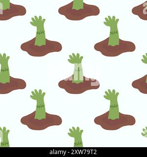 Zombie hand sticking out of ground. Halloween Seamless Pattern. Dead monster arm reaching from grave. Creepy Living death background. Flat vector Stock Vector
