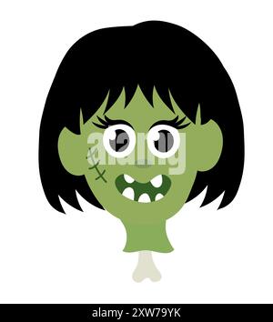 Zombie girl head on bone. Halloween Cartoon Flat Vector illustration. Stock Vector