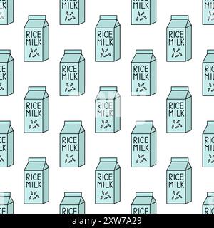 Seamless Pattern with Rice Vegan milk. Box Carton packaging. Vector flat illustration. Stock Vector