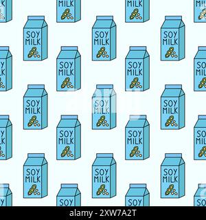 Seamless Pattern with Soy Vegan milk. Box Carton packaging. Vector flat illustration. Stock Vector