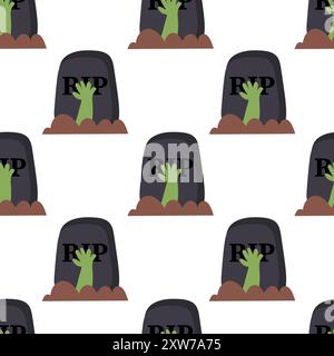 Seamless pattern. R.I.P. gravestone with zombie hand. Halloween tombstone background. Grave headstone, graveyard. Creepy memorial for death. Stock Vector