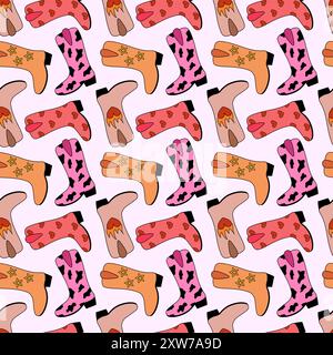Seamless Pattern with trendy cowgirl boots. Wild west shoes, different design. Vector flat illustration. Stock Vector