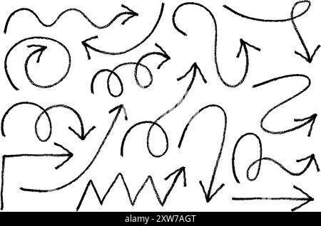 Arrow crayon hand drawn sketch. Vector pencil and chalk scribbles. Doodle charcoal textured grunge elements set. Curve swirl and spiral black marks on Stock Vector